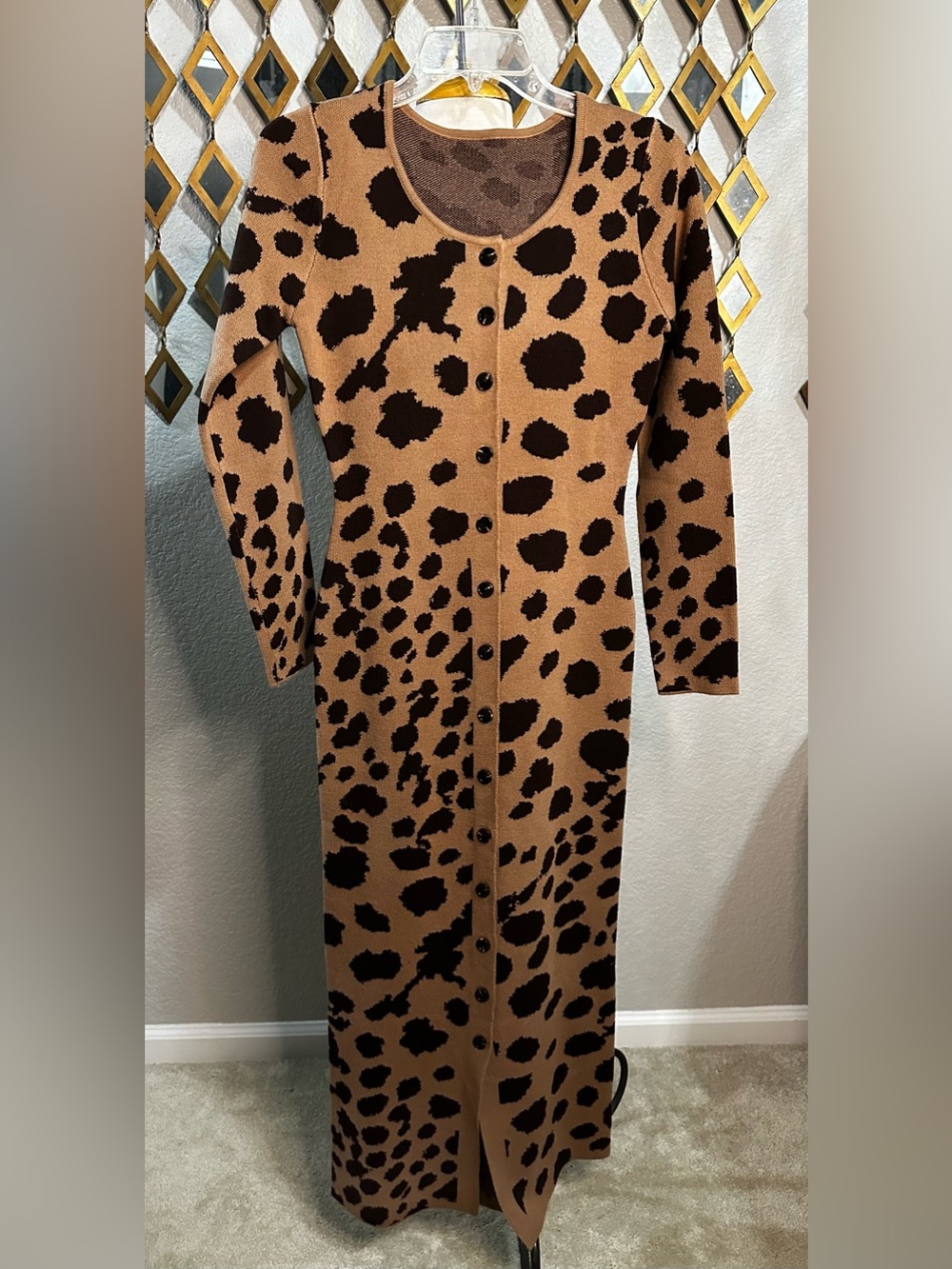 NWOT Rehab Leopard Print Knit Maxi Sweater Dress Button Front Sample